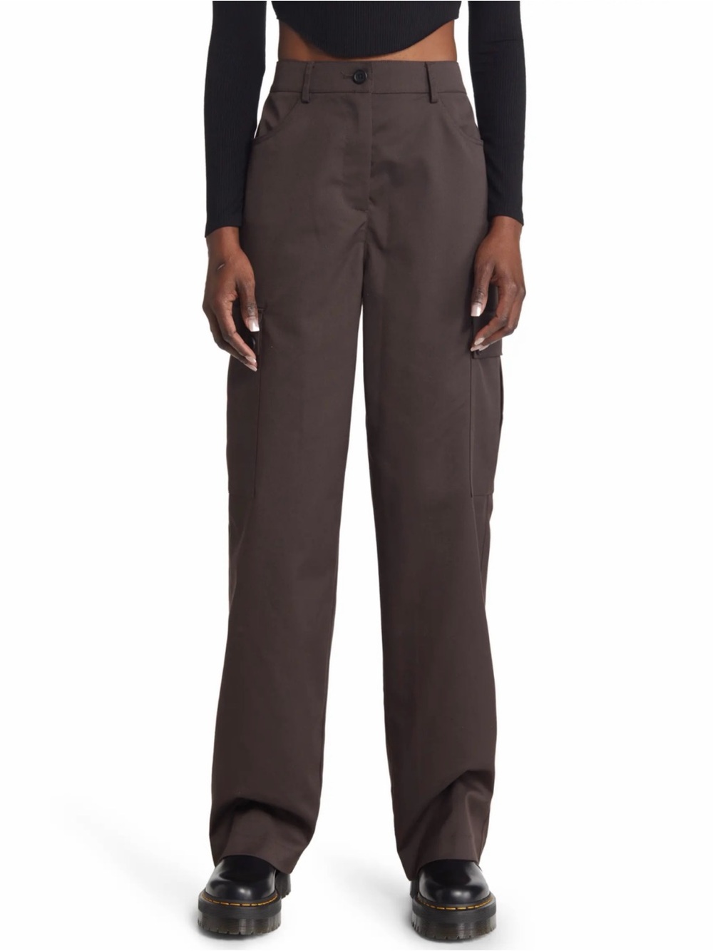 Noisy May Drewie High Waist Wide Leg Cargo Pants Dark Brown